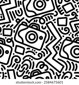 Seamless pattern of camera in black and white doodle concept. Simple illustration. Hand drawn doodle for sticker, postcard, wallpaper, mural, fabric, prints, wall decor, clothing, etc