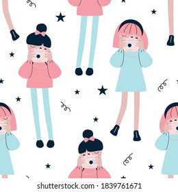 Seamless pattern camera in the hands of a girl photographer. Vector illustration, in a modern cartoon style, for printing on packaging paper, postcard, poster, banner, clothing.