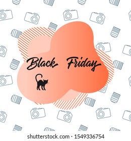 Seamless pattern with camera and inscription Black Friday. Sale background. Price reduction advert. Purchase. Discount promo layout. Advertising. Design for website, presentation, poster, print