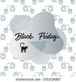 Seamless pattern with camera and inscription Black Friday. Sale background. Price reduction advert. Purchase. Discount promo layout. Advertising. Design for website, presentation, poster, print