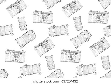 Seamless pattern with camera and lens sketch vector illustration