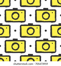Seamless pattern with cameras. Grunge, ink, watercolor, graffiti, sketch. Vector illustration.