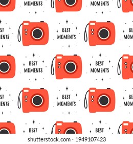 seamless pattern of cameras on white background, vector illustration, flat design