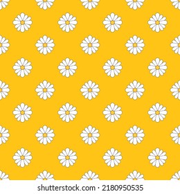 Seamless pattern with camomile, flat blossoms on white background. Vector illustration
