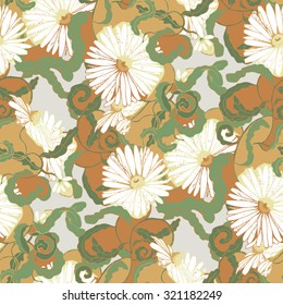 Seamless pattern with camomile flowers and curls