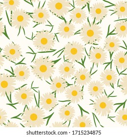 Seamless pattern with camomile flowers and leaves. Floral vector background.