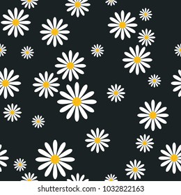 Seamless Pattern With Camomile Flowers On Black Background Template ute Floral Ornament Vector Illustration