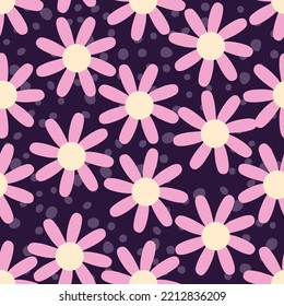 Seamless pattern with camomile groovy flowers and drops. Fun hippy texture print for tee, paper, fabric, textile. Retro vector illustration for decor and design.





