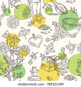 Seamless pattern with camomile: leaves, seeds, flowers, essential oil, soap and bath salt . Cosmetic, perfumery and medical plant. Vector hand drawn illustration. 
