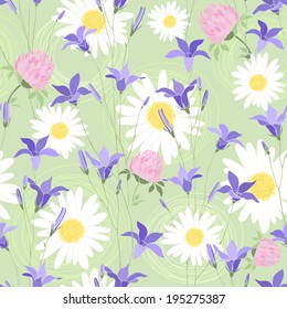 Seamless pattern with camomiles, clovers and bellflowers