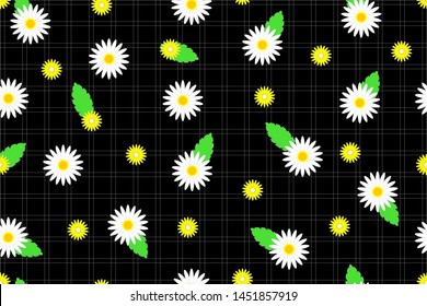 Seamless pattern with camomiles and daisies on a black tartan background