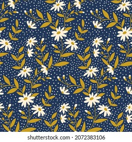 Seamless pattern with camomiles on a blue field. Floral pattern in folk style. Composition of simple hand-drawn flowers with many leaves. Vector illustration.