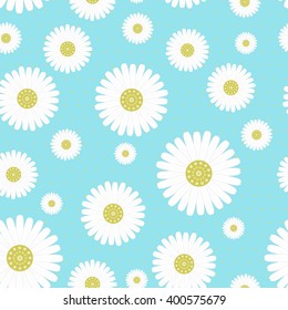 Seamless pattern with camomiles on blue background -vector illustration