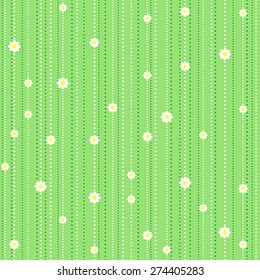 Seamless pattern with camomiles and stripes on green background