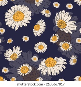Seamless pattern of camomiles. Trendy floral design for textile, fabric, wallpaper, wrapping. Vector illustration