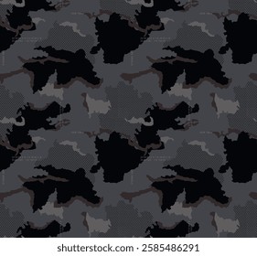 Seamless pattern, camouflage, black and grey, illustration, USA map, new york, sports wear, all over print textile, fabric, wallpaper, clothing, fashion, background, texture, vector artwork