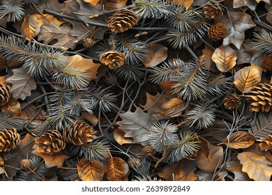 A seamless pattern of camouflage with brown leaves and pine branches, photorealistic, highly detailed
