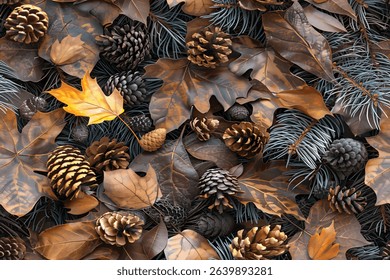 A seamless pattern of camouflage with brown leaves and pine branches, photorealistic, highly detailed