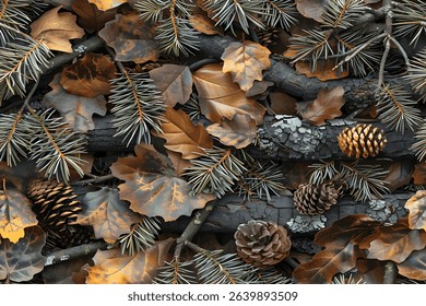 A seamless pattern of camouflage with brown leaves and pine branches, photorealistic, highly detailed
