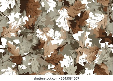 Um padrão perfeito de camuflagem com folhas marrons e carvalhos, arte vetorial, padrão de camuflagem vetor. Caça camuflagem padrão sem costura. Cascas de árvore e folhas de camo de caça