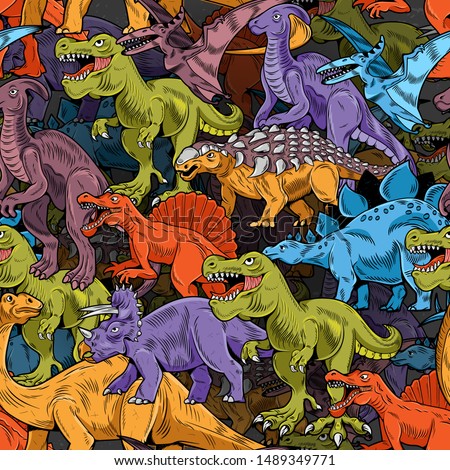 Seamless pattern camouflage colored engraving dinosaurs. Cartoon colorful vintage vector illustration. School education drawing for trendy print design t shirt clothes tee typography textile poster.