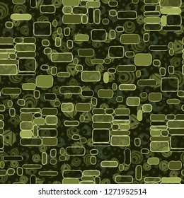 Seamless pattern. Camouflage consisting of uneven blocks. Background consisting of placers of various combinations of rings and triangles.