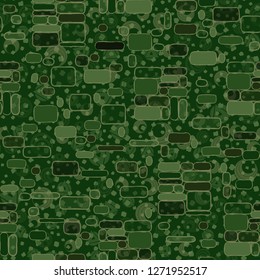 Seamless pattern. Camouflage consisting of uneven blocks. Background consisting of placers of various combinations of rings and triangles.