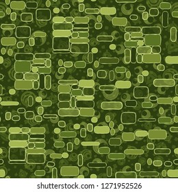 Seamless pattern. Camouflage consisting of uneven blocks. Background consisting of placers of various combinations of rings and triangles.