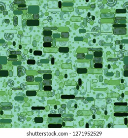 Seamless pattern. Camouflage consisting of uneven blocks. Background consisting of placers of various combinations of rings and triangles.