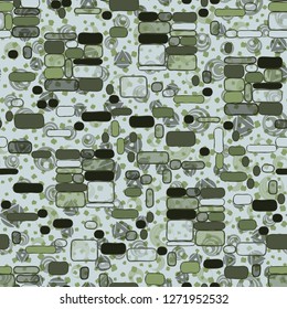 Seamless pattern. Camouflage consisting of uneven blocks. Background consisting of placers of various combinations of rings and triangles.