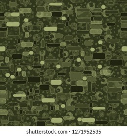 Seamless pattern. Camouflage consisting of uneven blocks. Background consisting of placers of various combinations of rings and triangles.