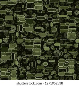 Seamless pattern. Camouflage consisting of uneven blocks. Background consisting of placers of various combinations of rings and triangles.