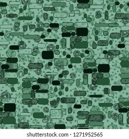 Seamless pattern. Camouflage consisting of uneven blocks. Background consisting of placers of various combinations of rings and triangles.