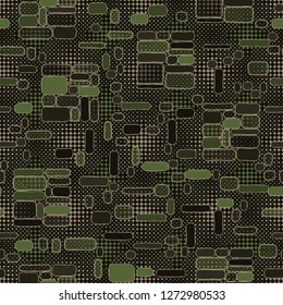Seamless pattern. Camouflage consisting of uneven blocks. Background consisting of a grid of four-pointed stars.