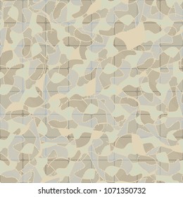Seamless pattern. Camouflage covered with a grid. Multi-colored texture. Chaos from the spots. Easy to edit.