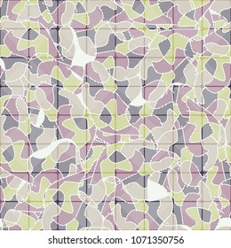 Seamless pattern. Camouflage covered with a grid. Multi-colored texture. Chaos from the spots. Easy to edit.