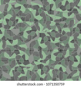 Seamless pattern. Camouflage covered with a grid. Multi-colored texture. Chaos from the spots. Easy to edit.