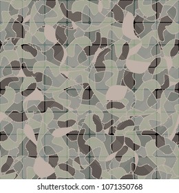 Seamless pattern. Camouflage covered with a grid. Multi-colored texture. Chaos from the spots. Easy to edit.