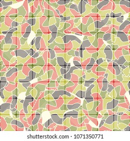 Seamless pattern. Camouflage covered with a grid. Multi-colored texture. Chaos from the spots. Easy to edit.