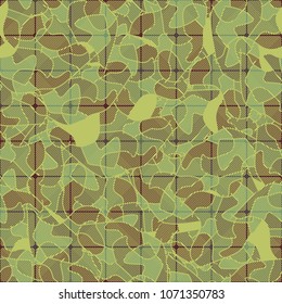 Seamless pattern. Camouflage covered with a grid. Multi-colored texture. Chaos from the spots. Easy to edit.