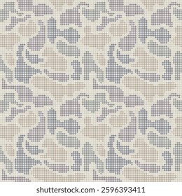 A seamless pattern of camouflage design, composed of small, pixelated dots in muted tones of beige, gray, and blue.