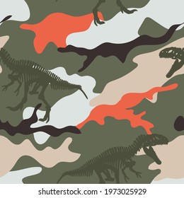 Seamless pattern of a camouflage and dinosaur skeleton background elements 