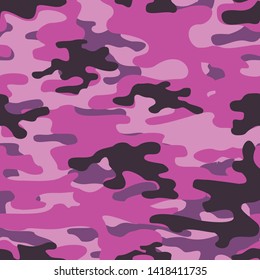 Seamless pattern camouflage fashion purple pink.Pink and purple spots on pink background.The print on the fabric on the paper on the textile.Vector