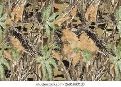 seamless pattern of camouflage with ferns and tree branches, realistic photographic detail, High-resolution detail captured