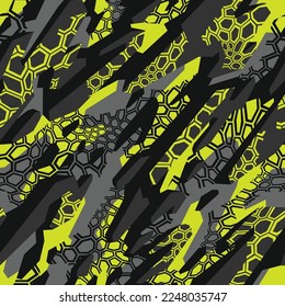 Patrón sin inconvenientes con adorno de moda geométrica camuflado. Formas abstractas y fondo de rejilla hexagonal para la tela y la impresión textil de moda. Grunge textura vectorial de camo militar.