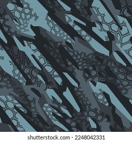 Seamless pattern with camouflage geometric trendy ornament. Abstract shapes and hexagonal grid background for fabric and fashion textile print. Grunge military camo vector texture.