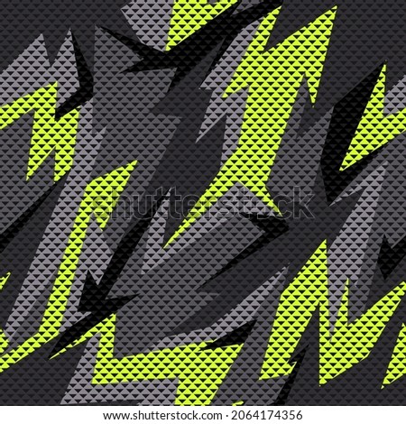 Seamless pattern with camouflage geometric trendy ornament. Military background for vinyl wrap and decal. Abstract endless camo vector texture.