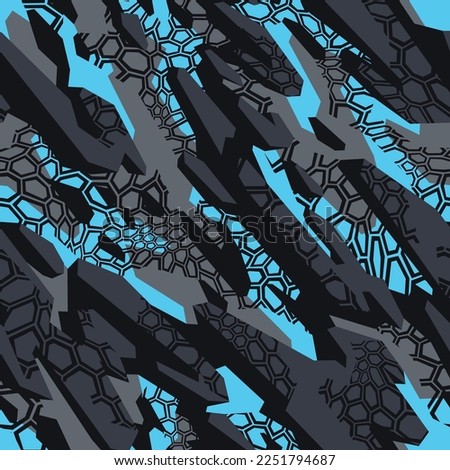 Seamless pattern with camouflage geometric trendy ornament. Abstract shapes and hexagonal grid background for fabric and fashion textile print. Grunge military camo vector texture.