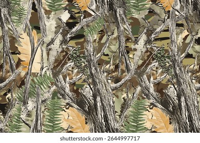 A seamless pattern of camouflage with green ferns and brown tree branches, creating an immersive woodland experience 