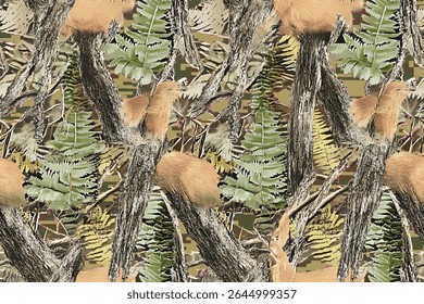 Um padrão perfeito de camuflagem com samambaias verdes e ramos de árvores marrons, criando uma experiência de floresta imersiva em seu tecido